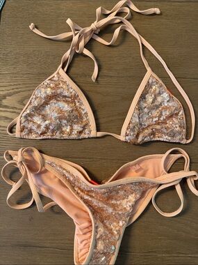 Sequin Triangle Bikini Set in Blush Pink